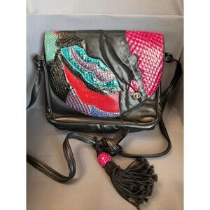 Carlo Fiori Italy Vintage Snakeskin Patchwork Leather Tassel Crossbody Bag Black